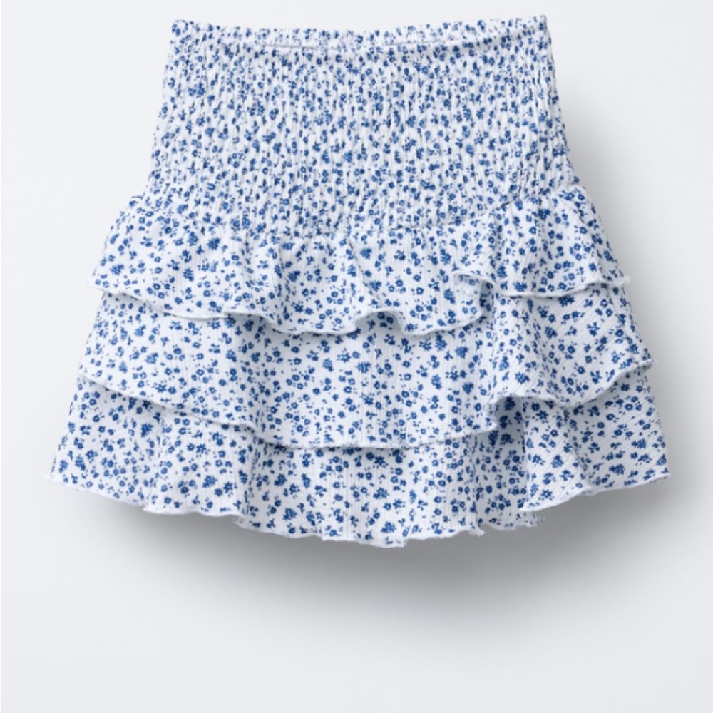 Zara Pink and Blue Floral Mini Skorts with Smocked Ruffles - (2)